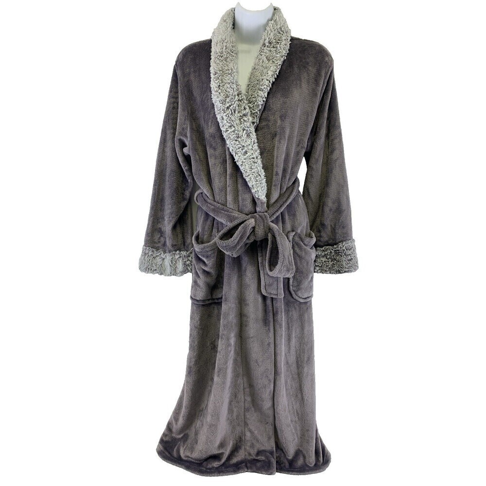 BOGO Carole Hochman Gray Plush trim Wrap Robe Tie Fleece Shawl Collar Womens Med